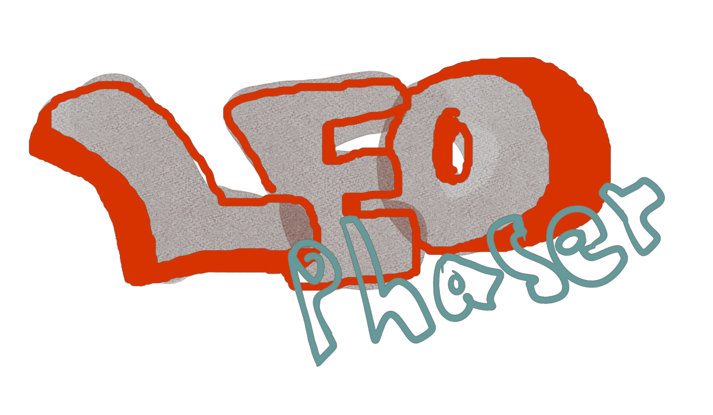LEO in large blocky orange letters with the word phaser beneath in smaller blue letters